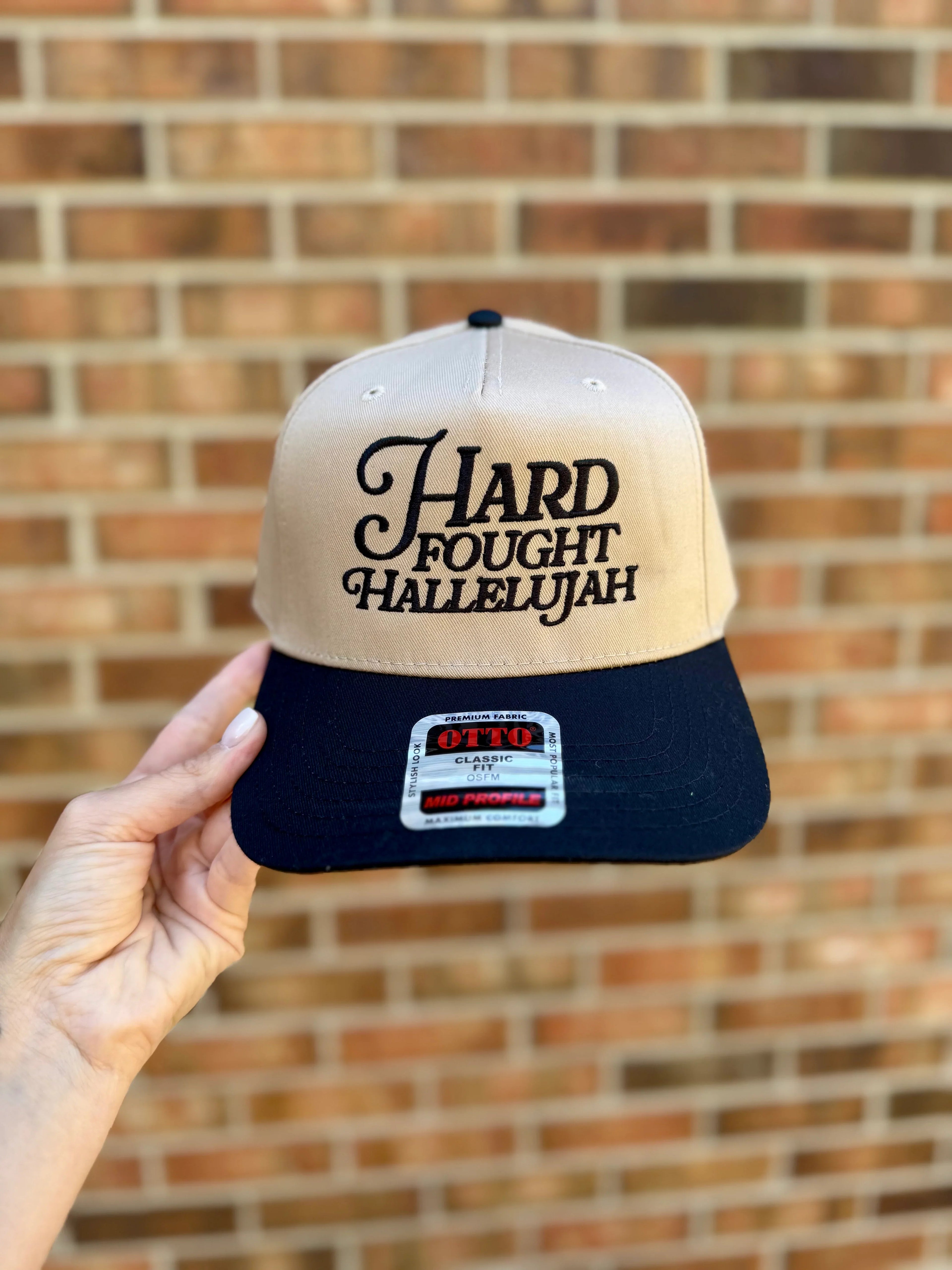 Hard Fought Hallelujah Embroidered Hat | Two Tone Trucker Hat | Faith Hat | Christian Gift | Puff Embroidery | Retro Baseball Cap